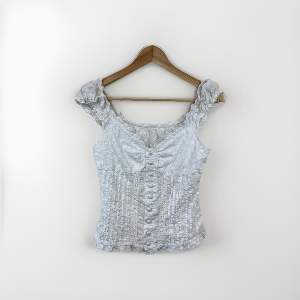 French Milkmaid Floral Babydoll Eyelet Top Women's S White Fairy Grunge Y2K 90s